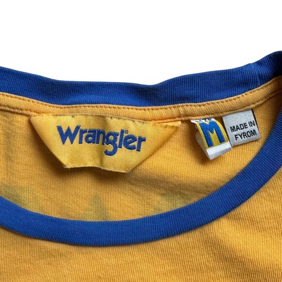 Wrangler Blue & Yellow Vintage Retro Inspired Baseball Ringer Tee Unisex Size M - Picture 6 of 7